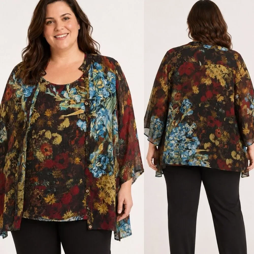 Citron Santa Monica 100% Silk Floral Two-Piece Tunic Jacket & Shell Set 3X